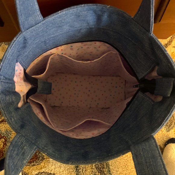 Handmade Denim and Lavender Floral Patchwork Quilted Tote Bag with Zip Closure - Picture 7 of 9